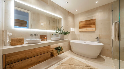 Fototapeta premium A modern bathroom with a stone-textured washbasin on a wooden floating vanity, minimalist decor, and a large mirror. Natural light filters through a nearby window, illuminating plants and toiletries.