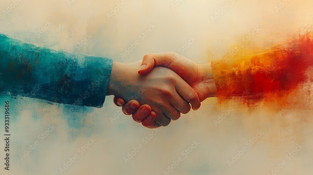 Poster hands from different sides meet in a handshake, representing unity and cooperation in a colorful, ab