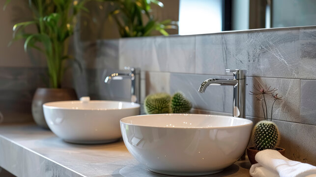 Modern bathroom with dual white vessel sinks, sleek chrome faucets on gray countertop. Stylish decor includes potted cacti and plants. Grey tiled backsplash adds texture. Clean, contemporary design. - Powered by Adobe