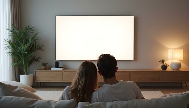 Two man watching TV concept, Young couple is watching TV with a blank white screen in a minimalist living room, Family watching TV, Two man watching TV concept, Watching TV in living room