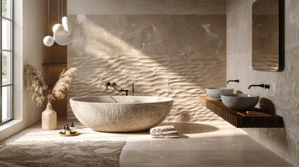 A stunning bathroom with a sculptural freestanding bathtub, textured stone walls, and elegant decor. Natural light floods the space, creating a warm and inviting atmosphere.