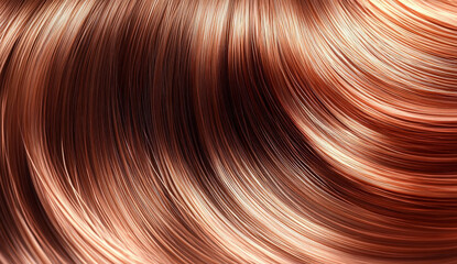 Close-up shot of smooth, shiny, auburn hair in a curved shape.
