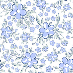 Vector illustration. Seamless pattern of blue flowers on a light background. Ditsy floral blue pattern, field of flowers, print for fabric, textile, wallpaper, baby clothes