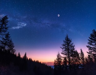 Fototapeta premium The sky is a dusky blend of pink, purple, and blue, with stars and a crescent moon softly glowing.