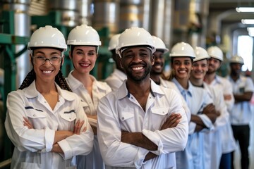 Multiethnic team in white helmets, smiling in industrial factory, arms crossed, symbolizing unity.