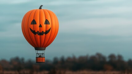 Spooky Pumpkin Hot Air Balloon Soaring Over Haunted Landscape with Copy Space, Selective Focus - Ultra HD