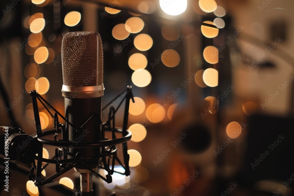 Poster microphone in a professional recording studio with bright lights in the background