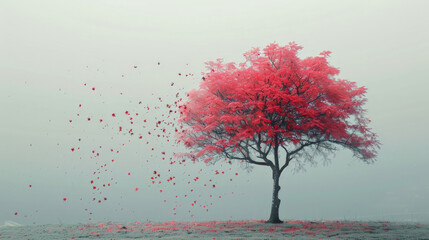 Life Cycle Symbolized by Tree with Shedding Pink Leaves in Autumn
