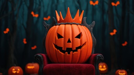 Whimsical Pumpkin King Regal Throne in Spooky Forest on Colorful Halloween Night with Copy Space, Selective Focus -
