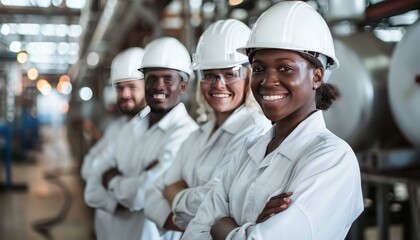 Multiethnic workers in white helmets, smiling, arms crossed in factory, showing team unity.