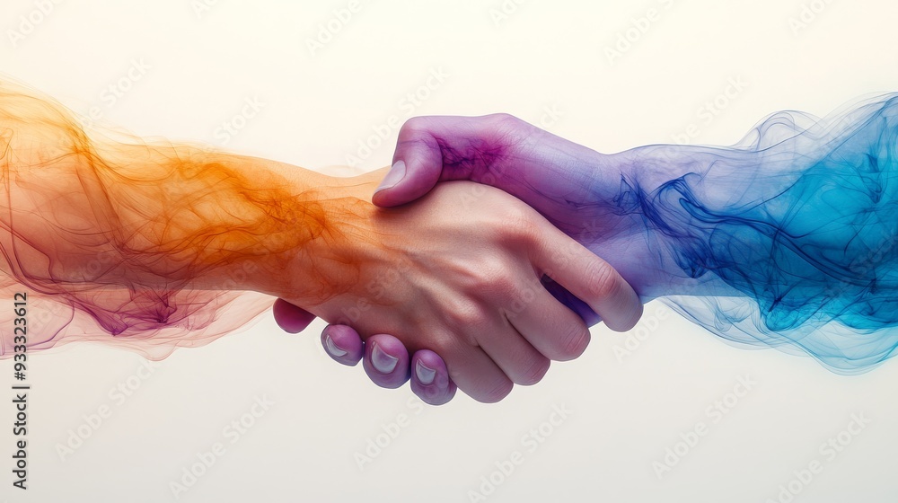 Poster hands join in a handshake with vibrant smoke swirling around, representing partnership and connectio