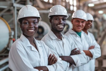 Multiethnic workers in white helmets, smiling, arms crossed, factory setting, showing unity.