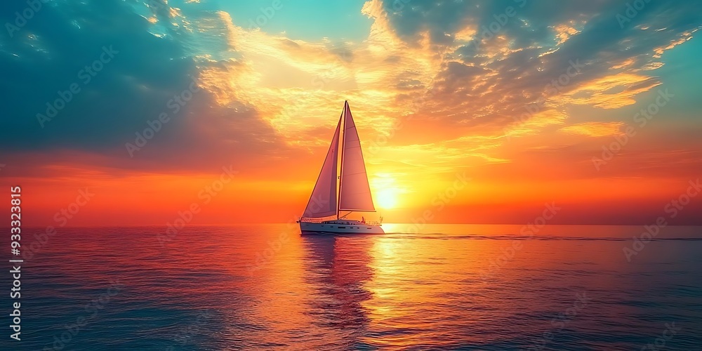 Canvas Prints Sailboat at Sunset on the Ocean -  Photo