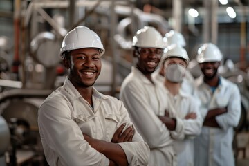 Multiethnic workers in white helmets, smiling, arms crossed, factory setting, showing unity.