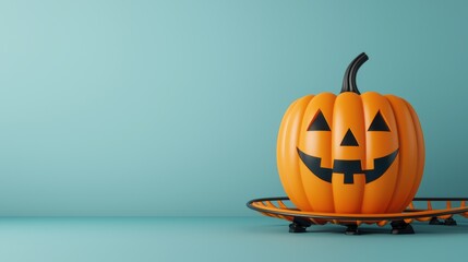 Spooky Pumpkin Rollercoaster in a Colorful Halloween Theme Park - Fun Cartoon Style With Copy Space for Text