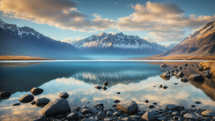This is a photo of a lake with mountains in the distance. The water is calm and the sky is a bright blue.

