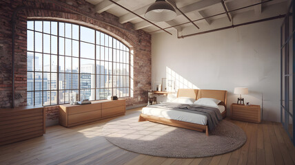 Bedroom interior in loft, industrial style, 3d render