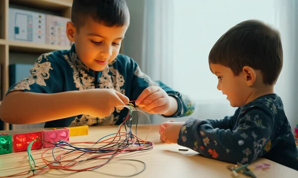 Ukrainian Man Helping Child with Science Fair Project