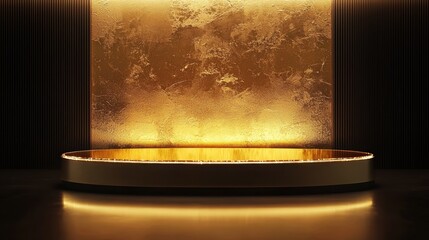 Elegant glass podium with gold leaf accents, showcasing a luxury cosmetic product, softly illuminated from below, creating an inviting and opulent display atmosphere.