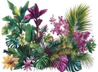 [Transparent Background PNG]Tropical Leaves and Flowers Illustration