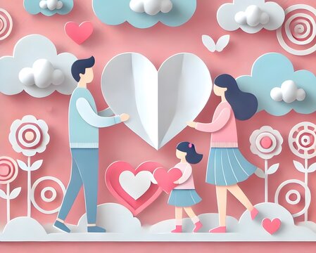 A family enjoys fresh air in the cloud and flower background, 3d paper illustration.