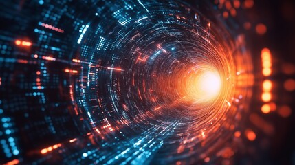 futuristic technology tunnel light glow galaxy space journey, blue orange light glow on dark, circuit glitch pattern