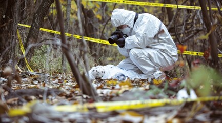 Forensic Investigator Documenting Crime Scene in Woods