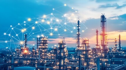 Fototapeta premium A city skyline with many buildings and a large industrial area. The sky is dark and cloudy, and the city is lit up with many lights. Concept of industrialization and urbanization