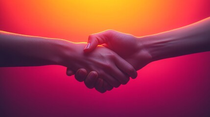 Two individuals shake hands, signifying agreement and collaboration in a warm and colorful atmosphere.