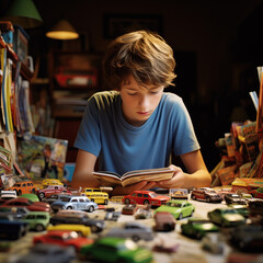Fototapeta premium Boy Reading Surrounded by Toy Car Collection.