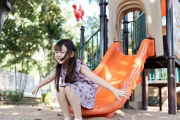 Happy Young Girl Sliding Down Playground Slide on a Sunny Day in the Park