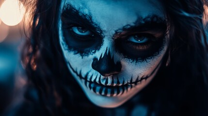 Naklejka premium Close-up portrait of a woman with spooky skull makeup, looking directly at the camera.