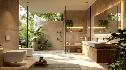 Fototapeta premium Modern bathroom with natural light, greenery, and elegant fixtures, showcasing a minimalist design and serene atmosphere