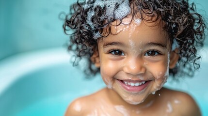 Nurturing Toddler's Hair Care, a joyful toddler with soft curls enjoying a warm bath, fresh hair treatment, set against a dusty blue background, inviting and serene atmosphere