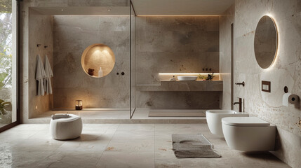 A spacious bathroom featuring elegant stone walls, a circular mirror, minimalist toilets, and natural light filtering through large windows.