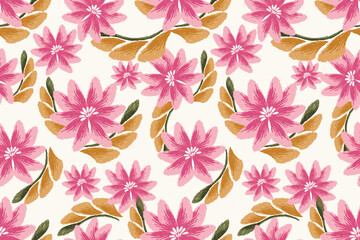 Pink flower and green leaves seamless pattern on white background vector illustration.digital painting watercolor,seamless pattern hand drawn.