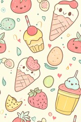 Cute seamless pattern with kawaii food on a light background