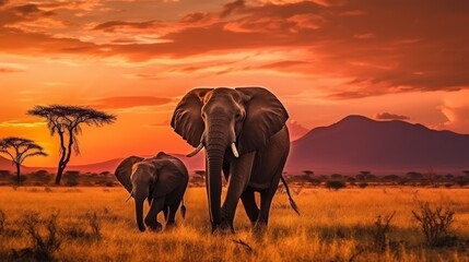 Fototapeta premium Elephant and calf in sunset grassland, showcasing large and small elephants amidst greenery