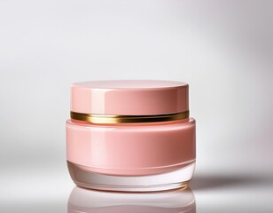 Elegant pink skincare cream jar, featuring a sleek design with a glossy finish and a golden band, perfect for moisturizing and nourishing beauty routines.