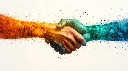 Two hands shake in an explosion of colors, representing unity and collaboration amid a vibrant, abstract background.