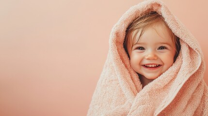 Gentle Care for Tender Skin, a joyful toddler wrapped in a plush towel post-bath, exuding happiness against a soft coral backdrop, inviting warmth and comfort.