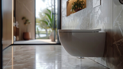 A contemporary bathroom showcases a stylish white toilet next to a large window overlooking a...