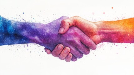 A vibrant illustration depicting two hands from different backgrounds coming together in a handshake, representing partnership and connection.