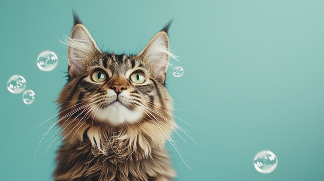 Maine Coon Cat Enjoying Gentle Ear Cleaning, Alert Ears and Soft Bubbles Create a Refreshing Atmosphere, Muted Teal Background Provides Ample Copy Space