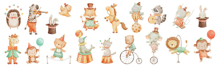Circus animals set, watercolor illustrations for nursery and kids. Lion, bear and giraffe isolated on white background. Cute baby drawings © Elena