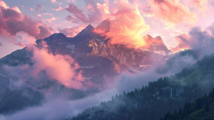 Serene Mountain Landscape with Pink Sunrise Clouds, Symbolizing Awareness
