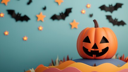 Naklejka premium Whimsical Cartoon Pumpkin Rolling Down Colorful Hill with Cheerful Bats and Glowing Stars in Sky -