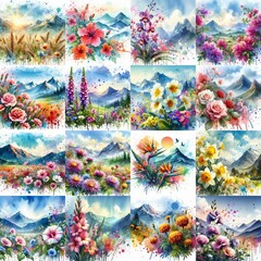 flowers draw. Watercolor splash style. AI generated illustration