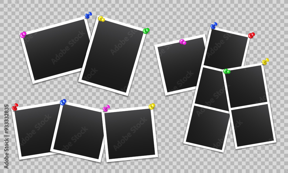 Poster vector blank photo frames with push pin and shadow isolated on transparent background. template mock