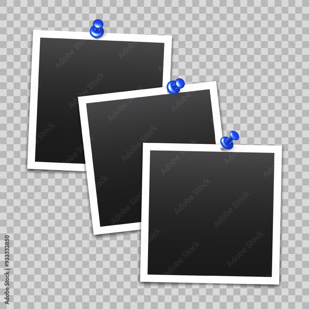 Poster vector blank photo frames with push pin and shadow isolated on transparent background. template mock